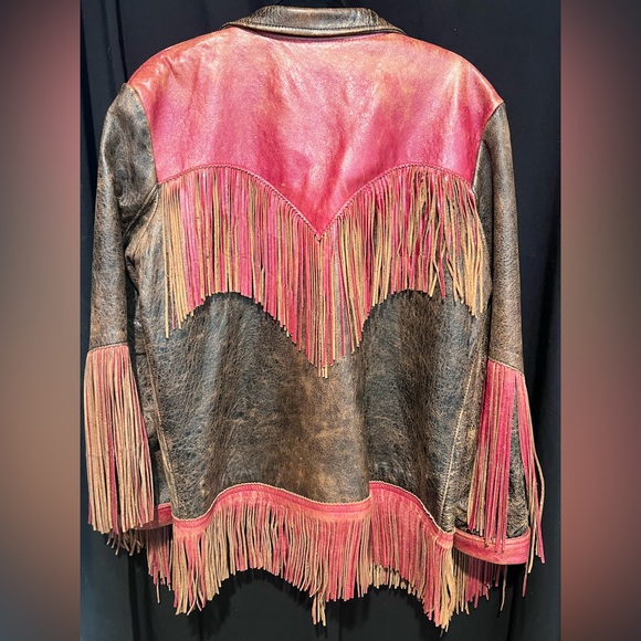 Double D Ranch Red and Black Leather Fringe Jacket-Vintage - Picture 4 of 8